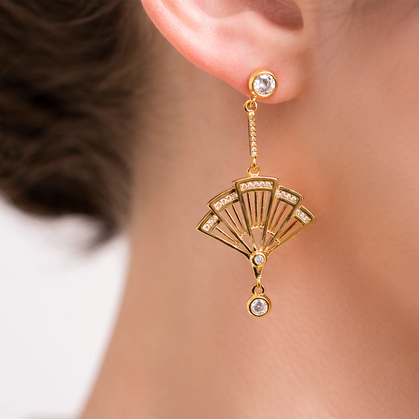 Fan Earrings - Gold with Clear Crystal - Image 3