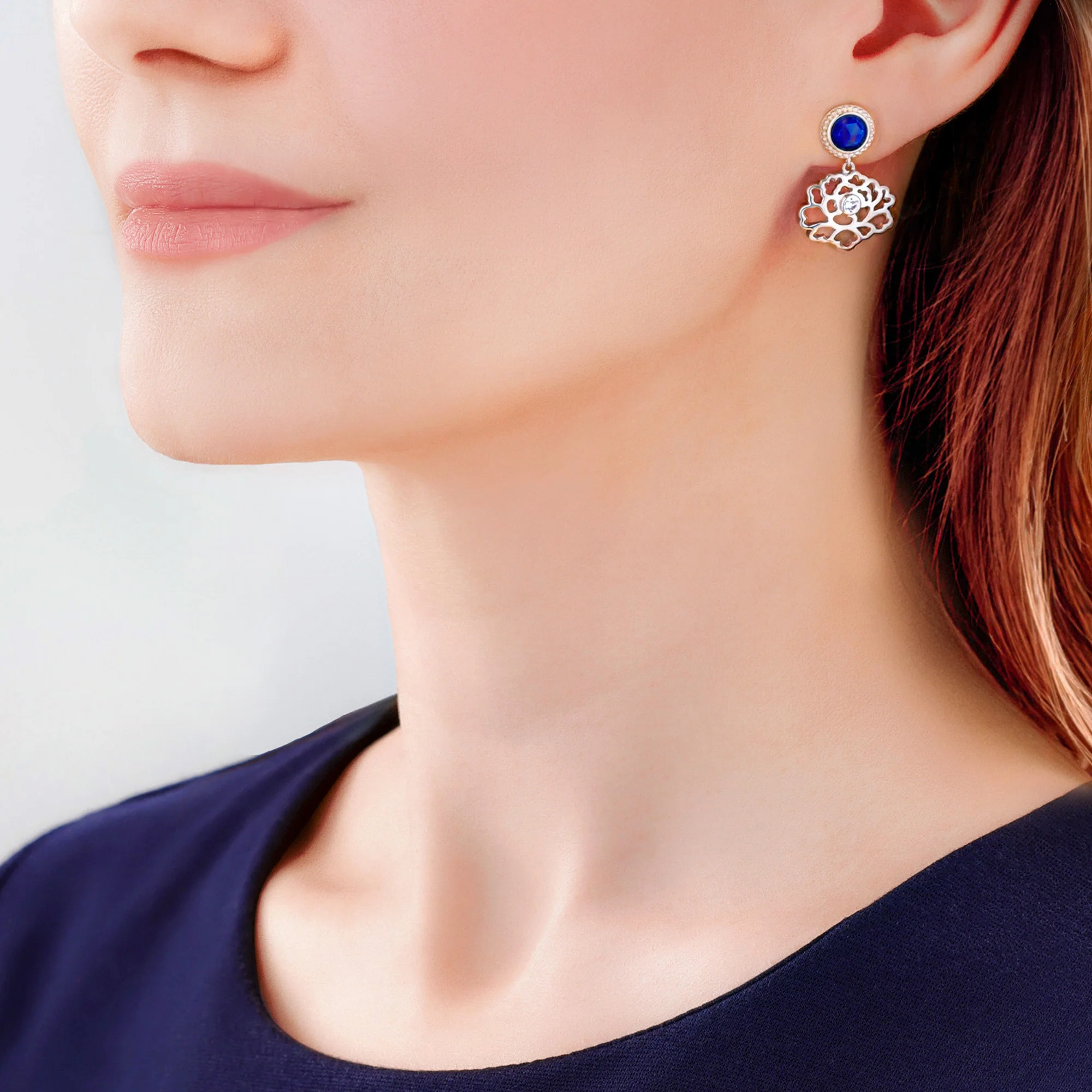 Majestic Tang Peony Earrings Silver with Lapis - Image 4