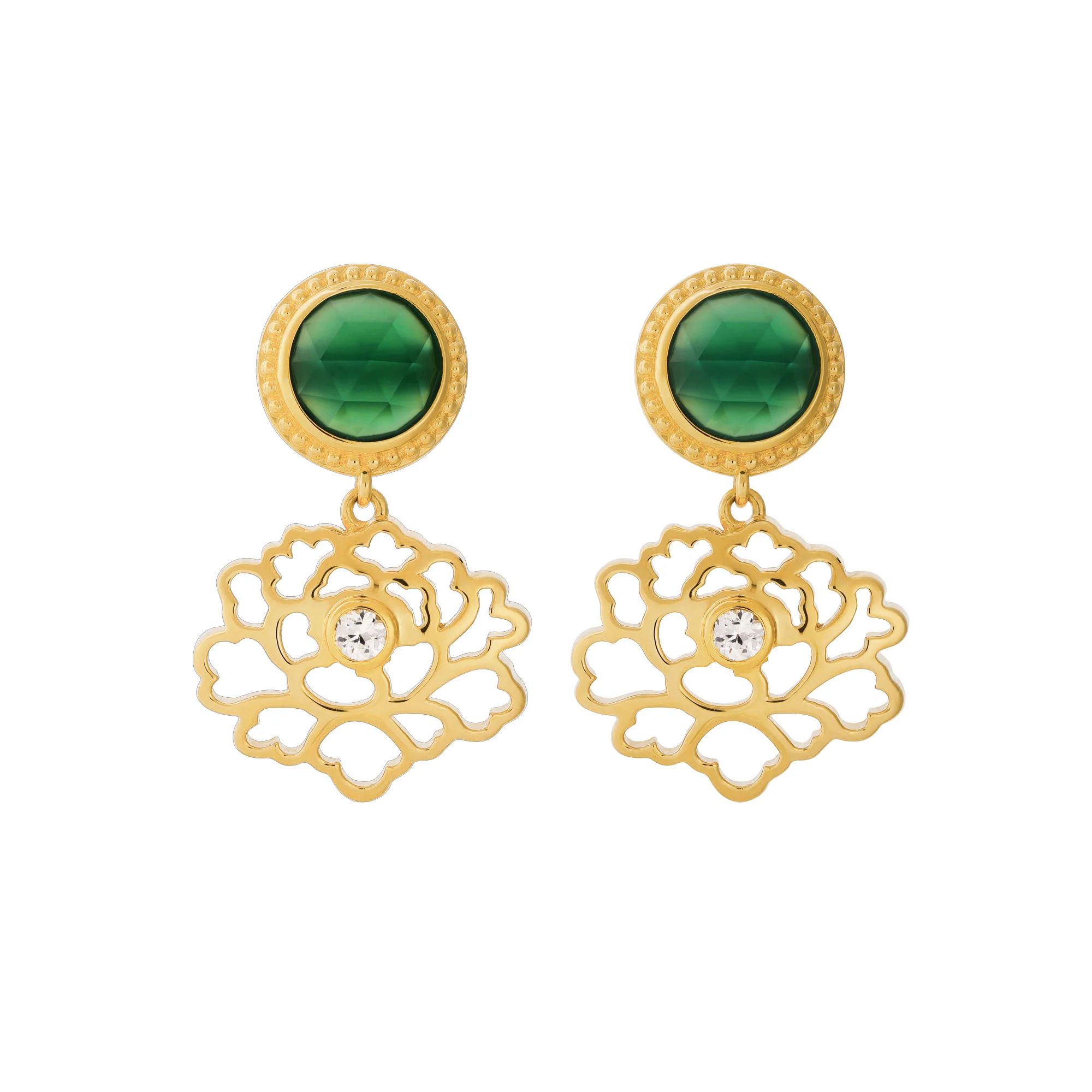 Majestic Tang Peony Earrings Gold Vermeil with Green Agate